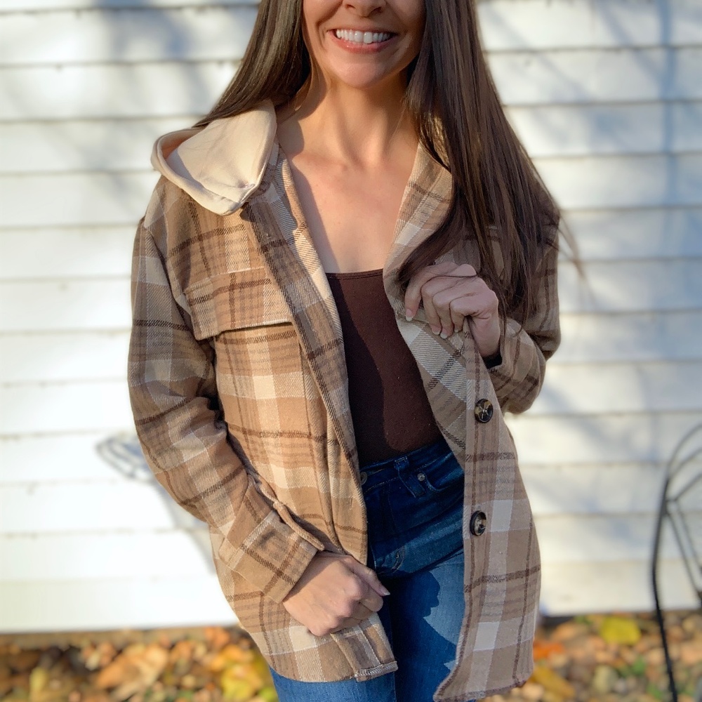 Brown plaid hooded shacket